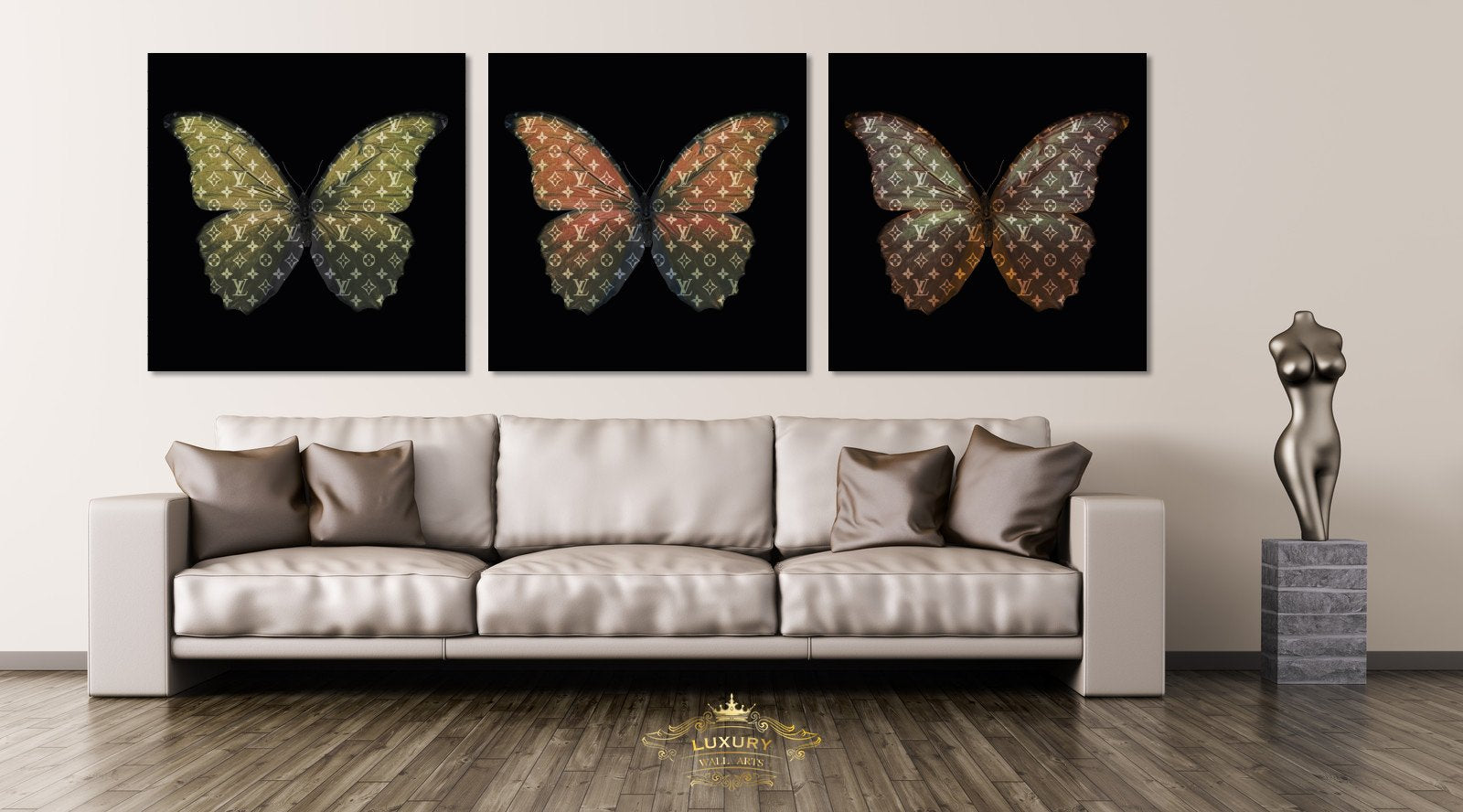 Louis Vuitton Butterfly (Earth) 100X100Cm / Aluminium Hele Set (3Stuks) Posters Prenten En Visuele