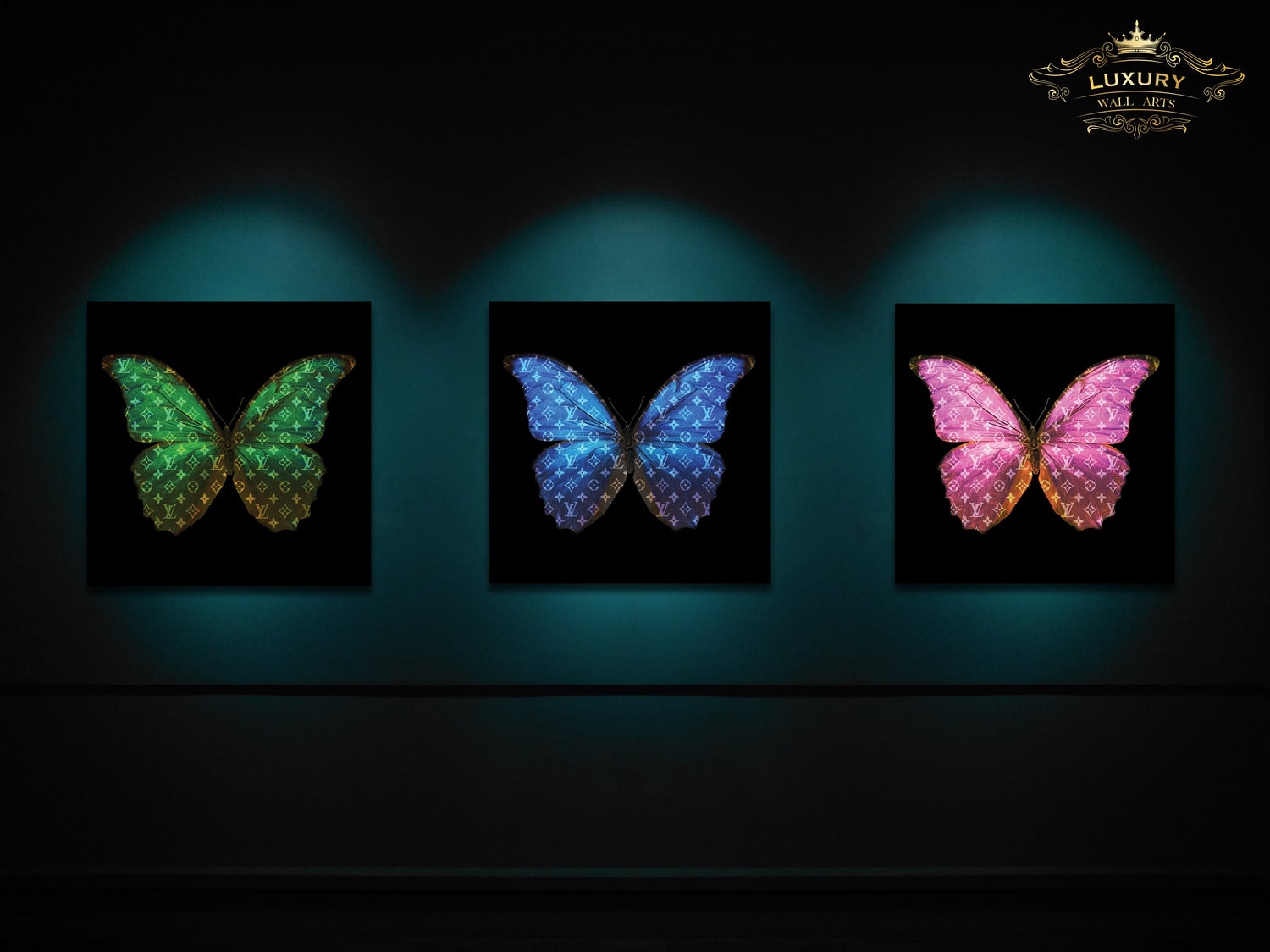 Louis Vuitton Butterfly (Neon) 100X100Cm / Aluminium Hele Set (3Stuks) Posters Prenten En Visuele